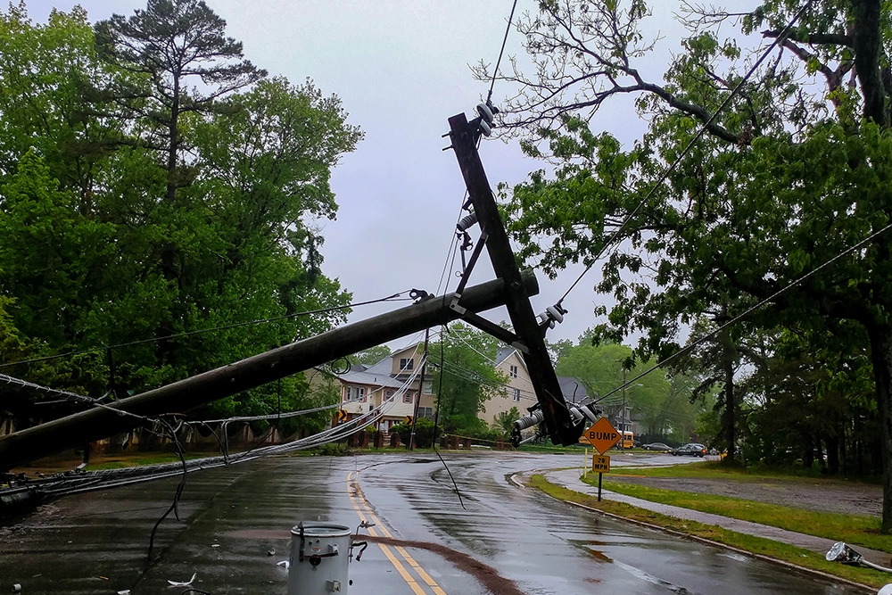 A power line down on the road in Springfield, IL after a bad storm.