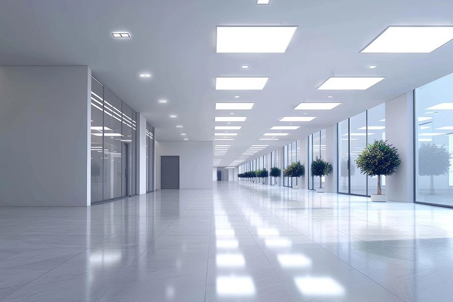 Interior of a modern office building in Springfield, IL, with LED lighting, white walls, and large windows.